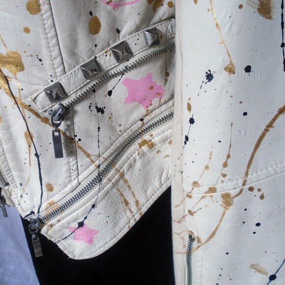 White Moto Jacket Celestial Pink Stars, Vegan Leather, Studs, Wearable Art - Picture 6 of 16